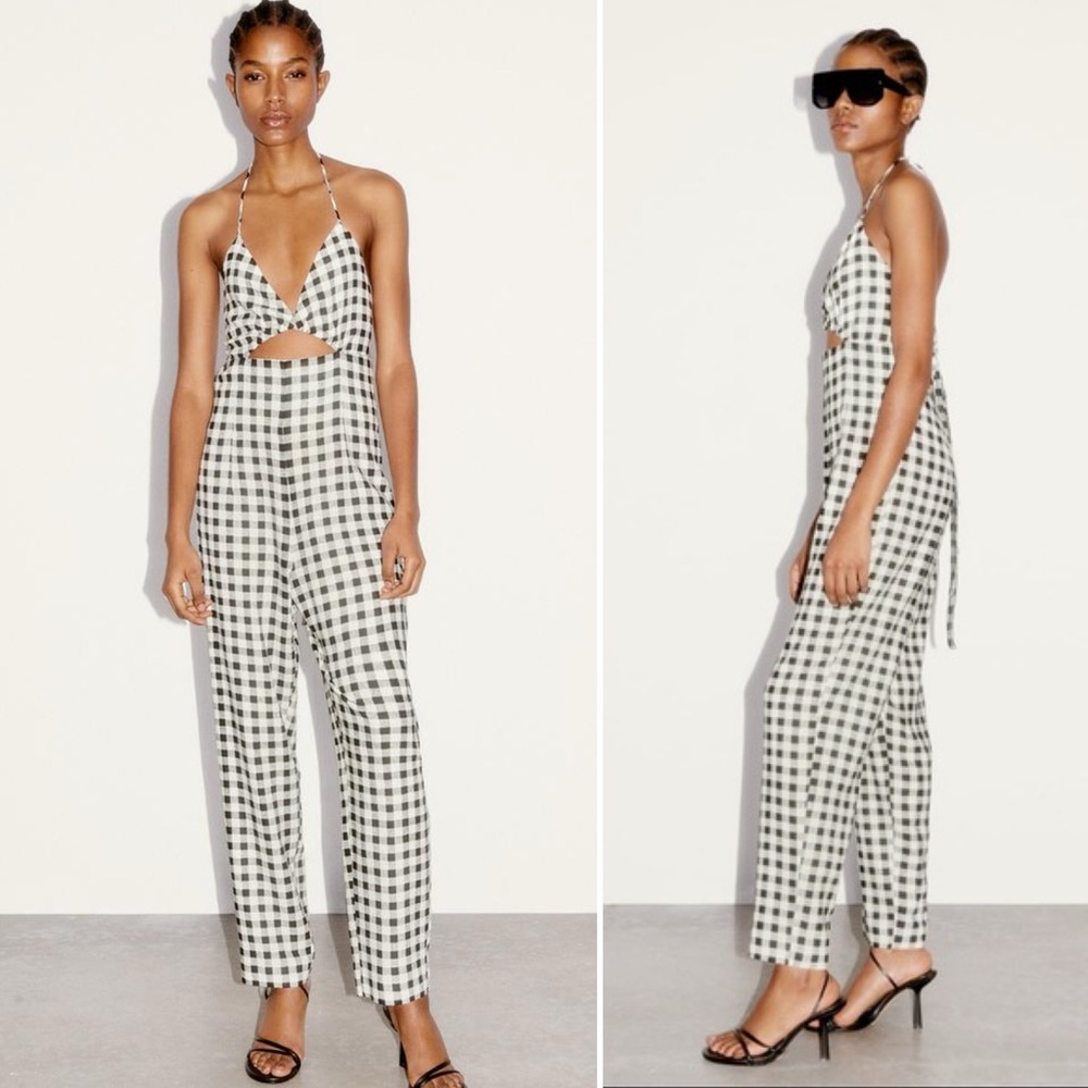 Zara Black White Gingham Cut Out Jumpsuit Small
